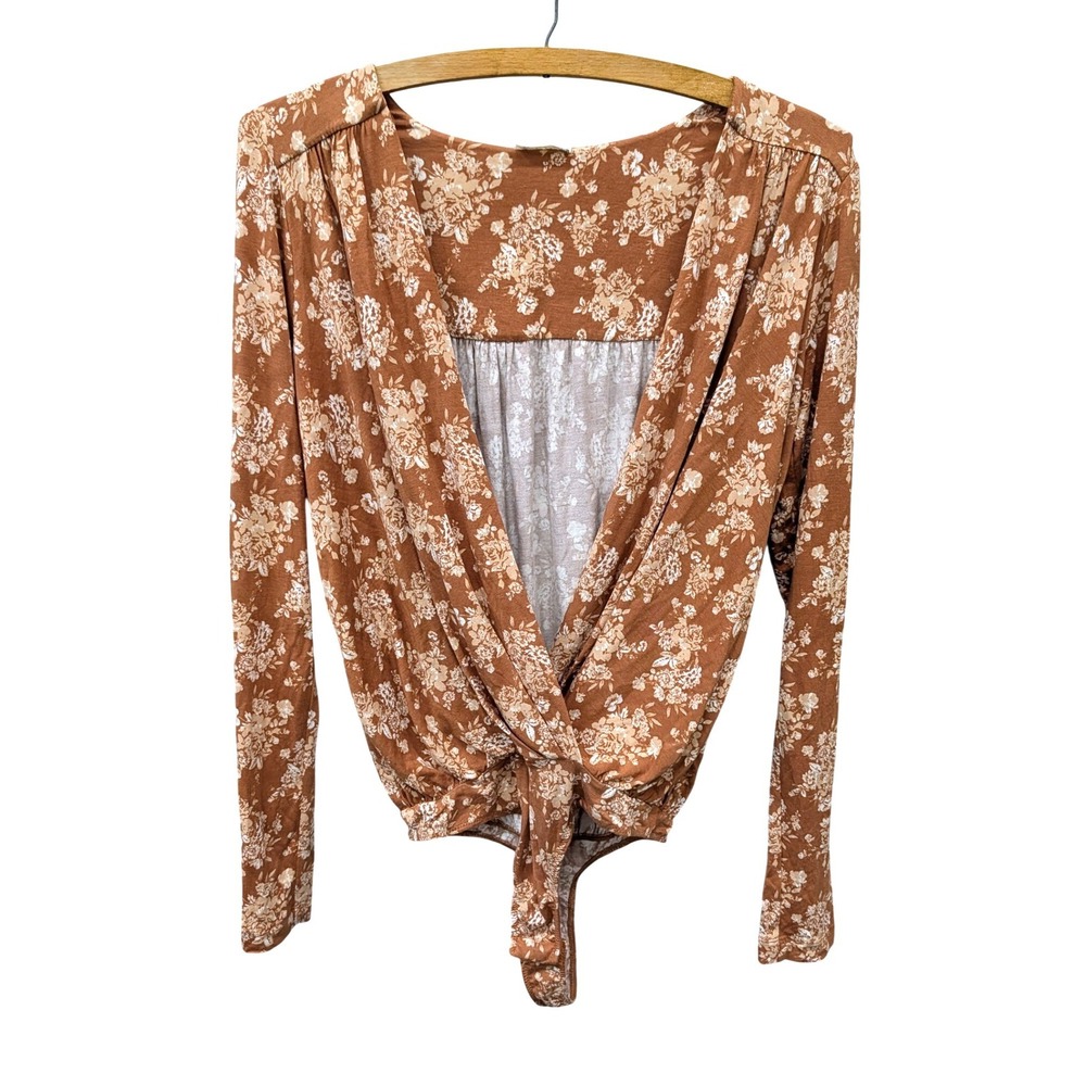 Free People Turnt Bodysuit Rust Orange Floral Long Sleeve Deep V-Neck- XS - Picture 2 of 7